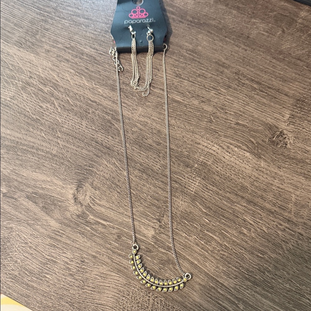 paparazzi Gold-Tone Leaf Crescent Necklace with Yellow Accents